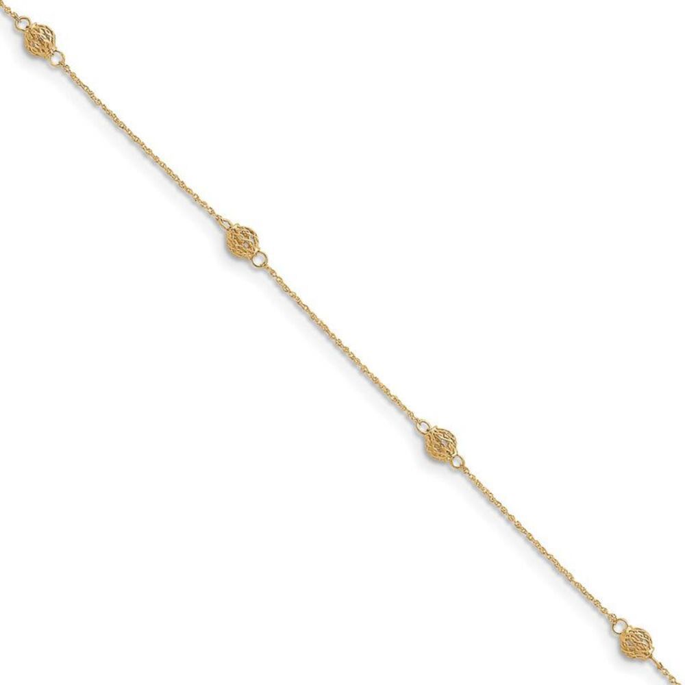 14k Yellow Gold Diamond Cut Anklet with Caged Beads, 10 Inch